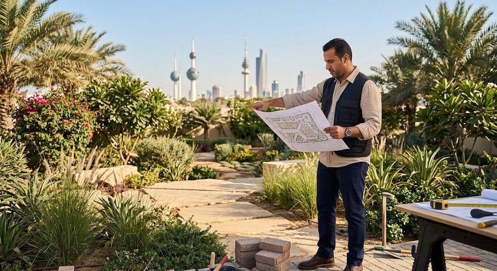 مهندس لاندسكيب محترف يقوم بتخطيط وتصميم حديقة منزلية متكاملة تتضمن شبكات ري حديثة ومساحات خضراء في مدينة الرياض