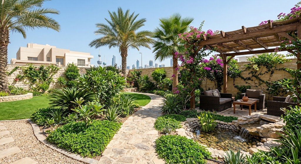 تصميم لاندسكيب فاخر وعصري يبرز روعة تنسيق حدائق حي النخيل بالرياض مع شلالات مياه جدارية ومساحات خضراء متناسقة داخل حوش فيلا راقية